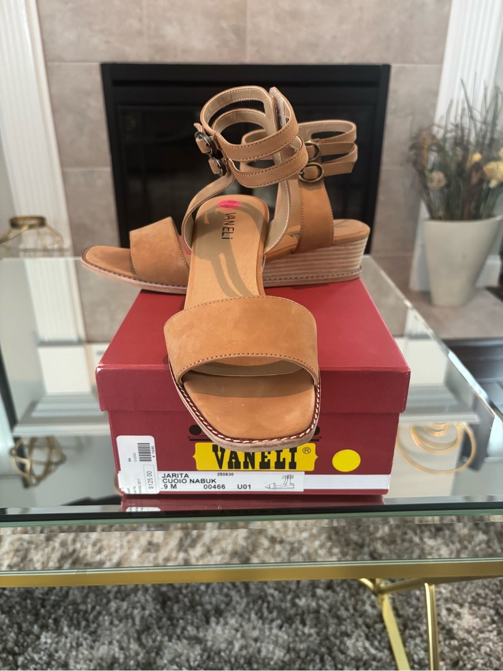 Vaneli Tan Nubuck Double-Ankle Strap Wedge Sandals